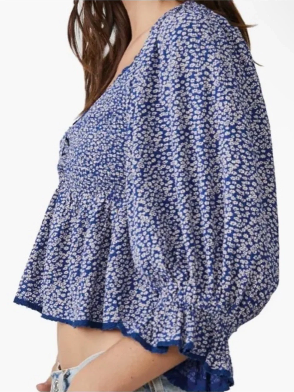 Free People Blue Floral Cropped Peasant Top! XS
